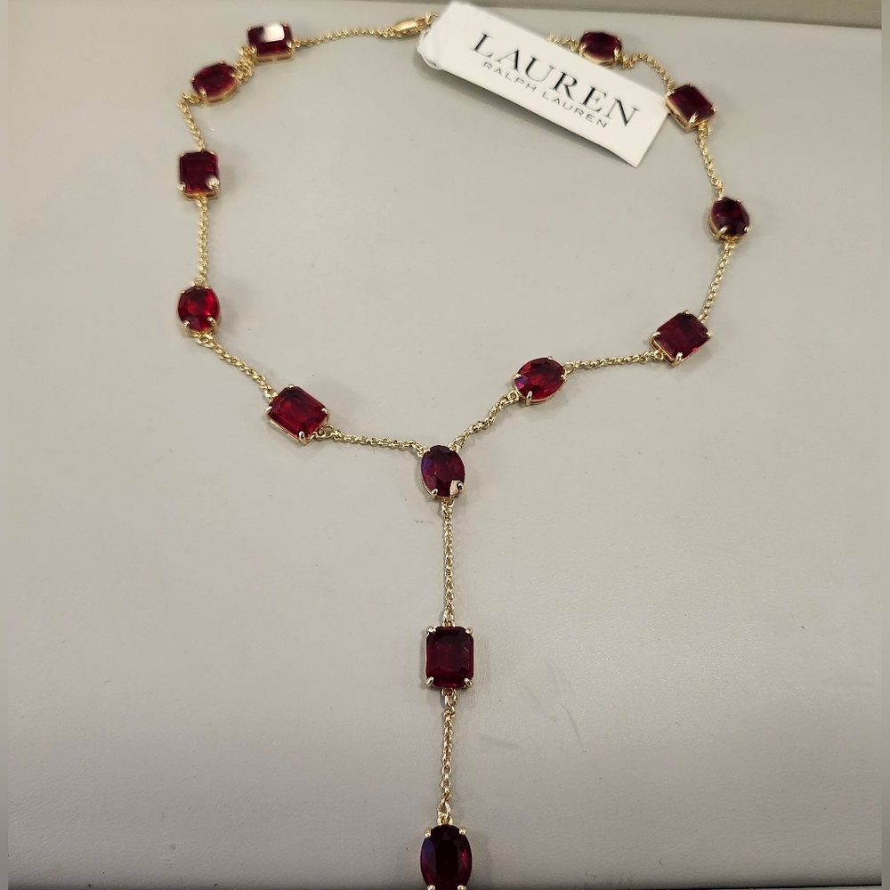 NWT Ralph Lauren Gold-Tone Red Multi Stone Y Necklace